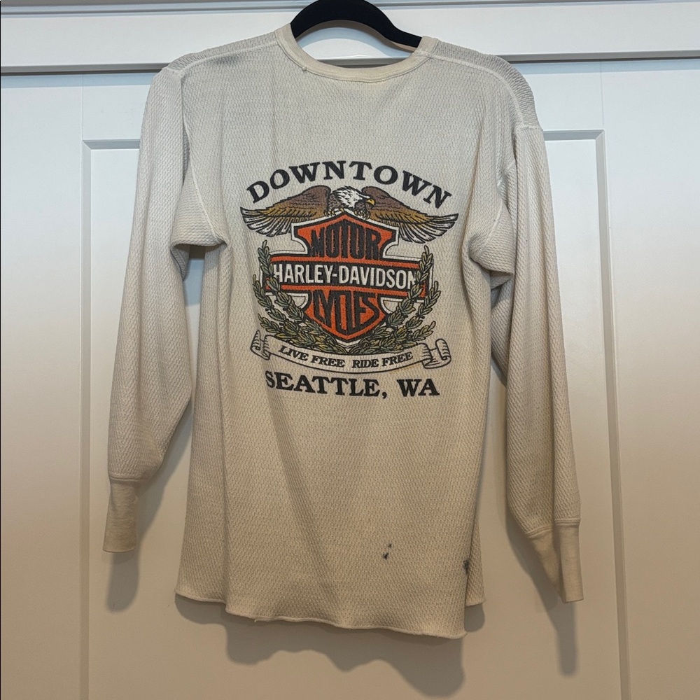 Vintage 1970s Harley-Davidson Cream Waffle-Knit Long Sleeve